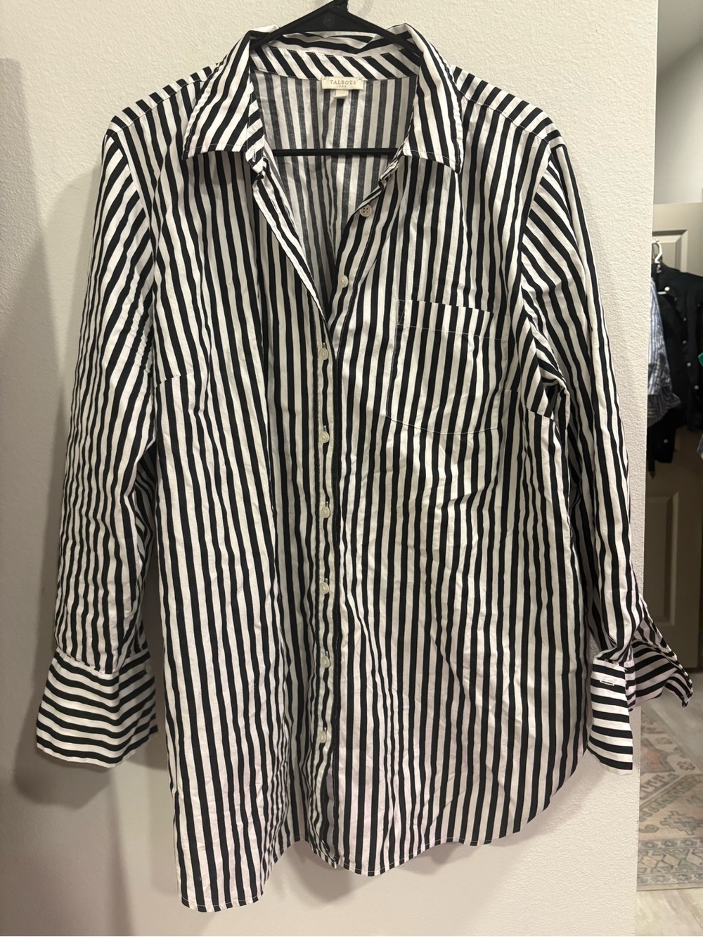 Talbots Black White Stripe Button Down Shirt Cotton Tunic Blouse XL